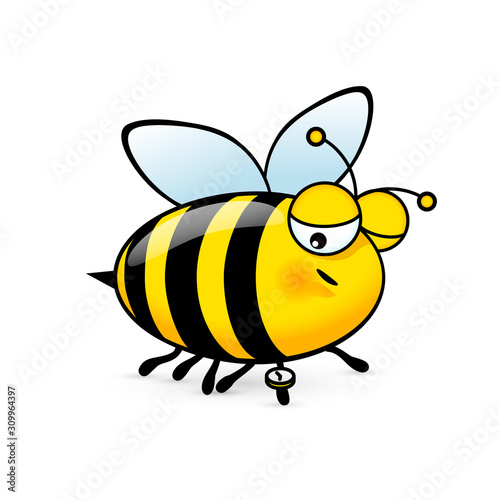 Illustration of a Friendly Cute Sleepy Bee Looks at the Clock on White Background