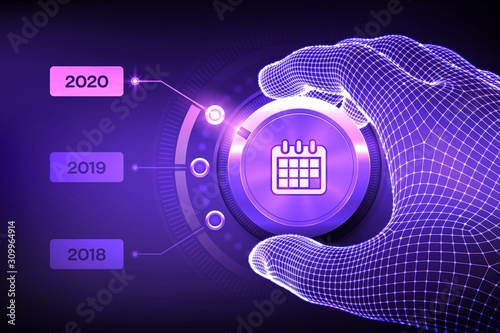 2020 new year change. Switch levels knob button on 2020. Wireframe hand setting calendar button on 2020 year position. Happy new year. New Year is coming concept. Vector illustration.