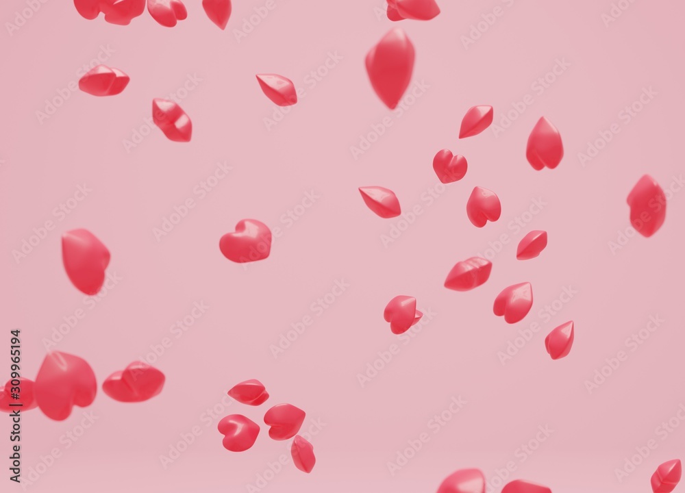 ピンク色の舞うハート3DCGイラスト