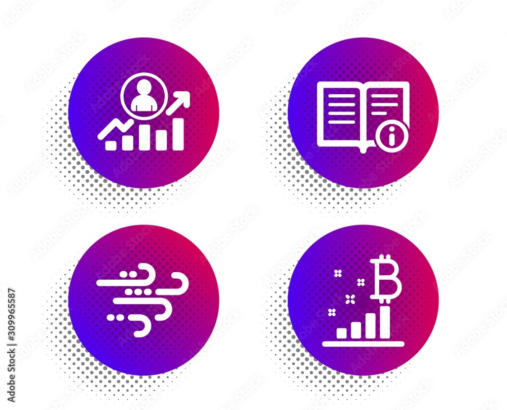 Technical info, Windy weather and Career ladder icons simple set. Halftone dots button. Bitcoin graph sign. Documentation, Wind, Manager results. Cryptocurrency analytics. Science set. Vector