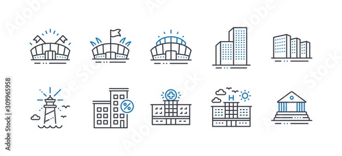 Set of Buildings icons, such as Loan house, Arena stadium, Arena, Skyscraper buildings, Lighthouse, Hotel, Hospital, Court building line icons. Line loan house icon. Vector