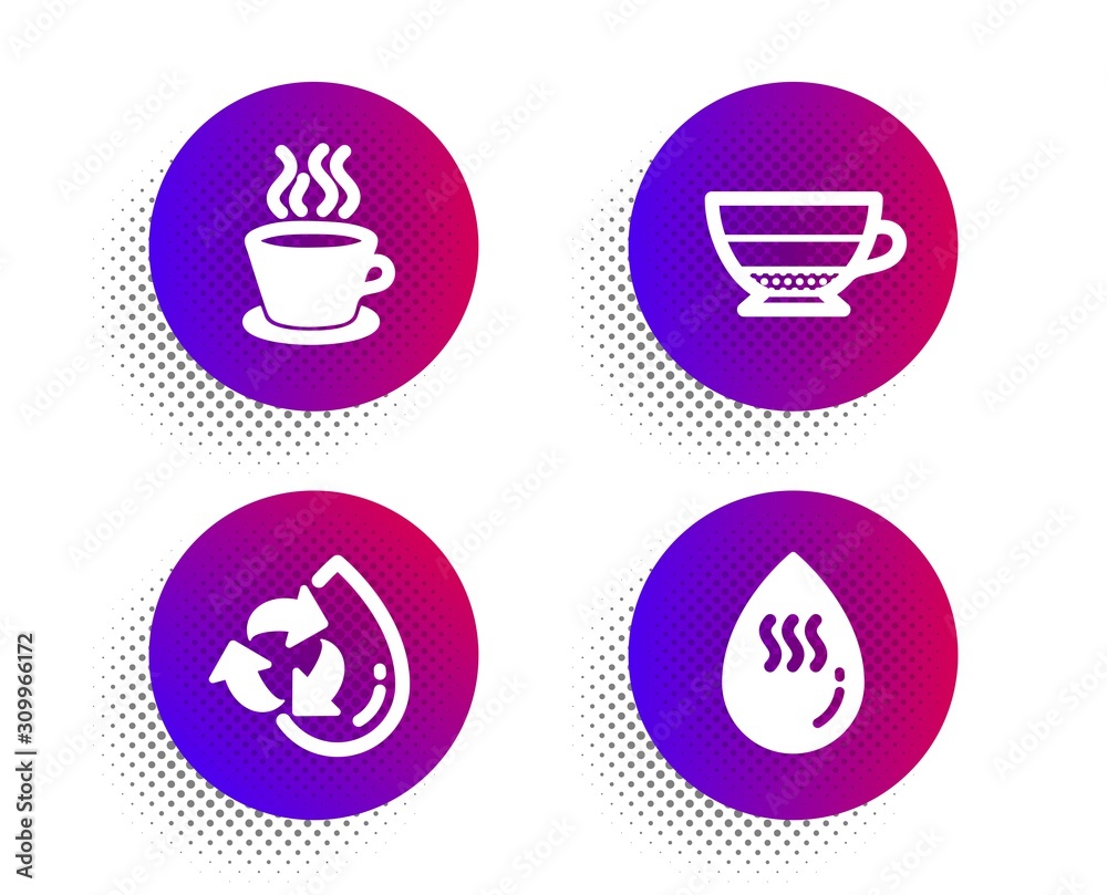 Americano, Tea cup and Recycle water icons simple set. Halftone dots button. Hot water sign. Beverage cup, Coffee mug, Refill aqua. Aqua drop. Food and drink set. Classic flat americano icon. Vector Americano, Tea cup and Recycle water icons simple set. Halftone dots button. Hot water sign. Beverage cup, Coffee mug, Refill aqua. Aqua drop. Food and drink set. Classic flat americano icon. Vector