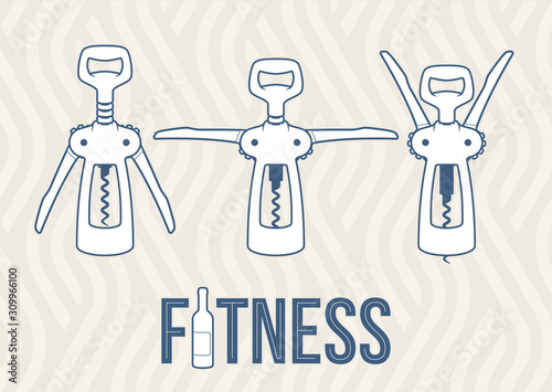 Vector different positions of corkscrew.  Wine Fitness.