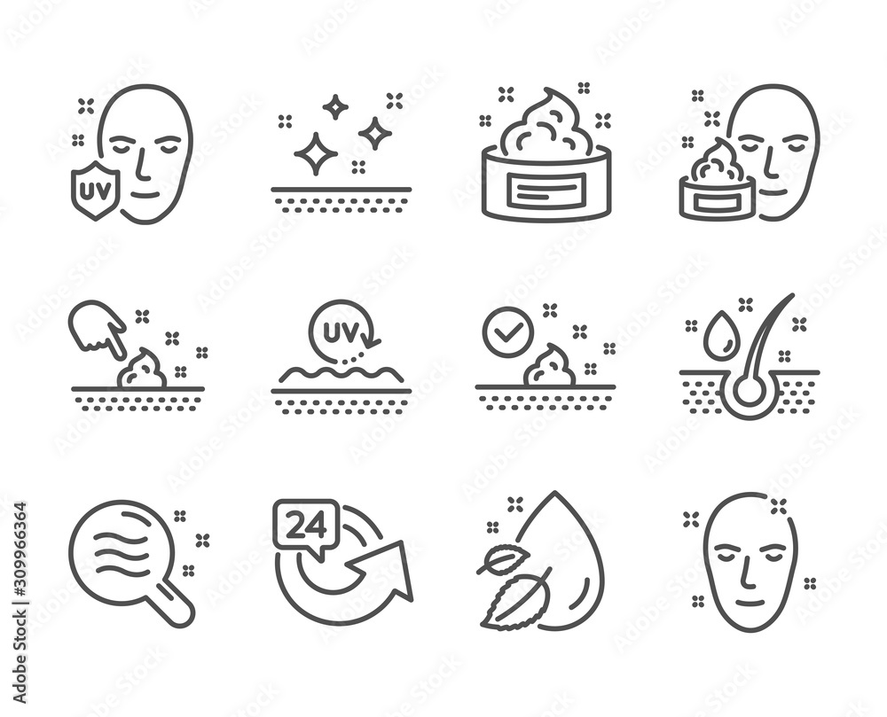 Set of Beauty icons, such as Skin condition, Water drop, Serum oil, Uv protection, 24 hours, Uv protection, Clean skin, Face cream line icons. Search magnifier, Serum oil. Skin condition icon. Vector