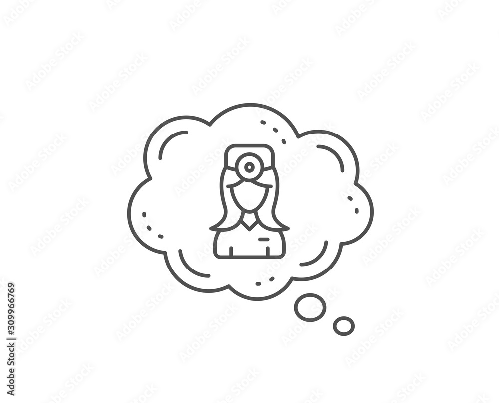 Oculist doctor line icon. Chat bubble design. Health eye sign. Optometry clinic symbol. Outline concept. Thin line oculist doctor icon. Vector Oculist doctor line icon. Chat bubble design. Health eye sign. Optometry clinic symbol. Outline concept. Thin line oculist doctor icon. Vector