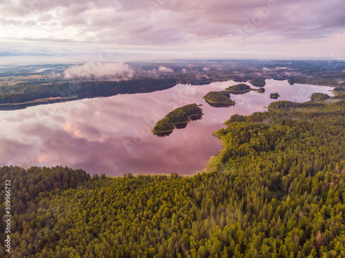 Beautiful view of Sapsho lake in summer sunset, Smolensk region, Russia. Drone shooting photo