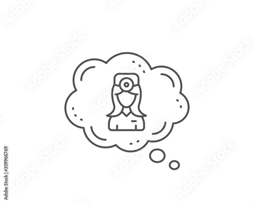 Oculist doctor line icon. Chat bubble design. Health eye sign. Optometry clinic symbol. Outline concept. Thin line oculist doctor icon. Vector