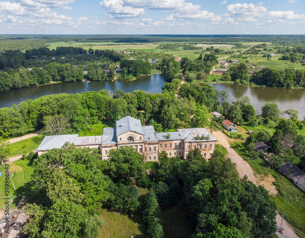 Destroyed old manor near the village of Aleksino, Smolensk region, Russia, aerial photography