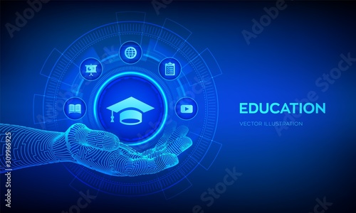 Education icon in hand. Innovative online e-learning and internet technology concept. Webinar, knowledge, online training courses. Skill development. Vector illustration.