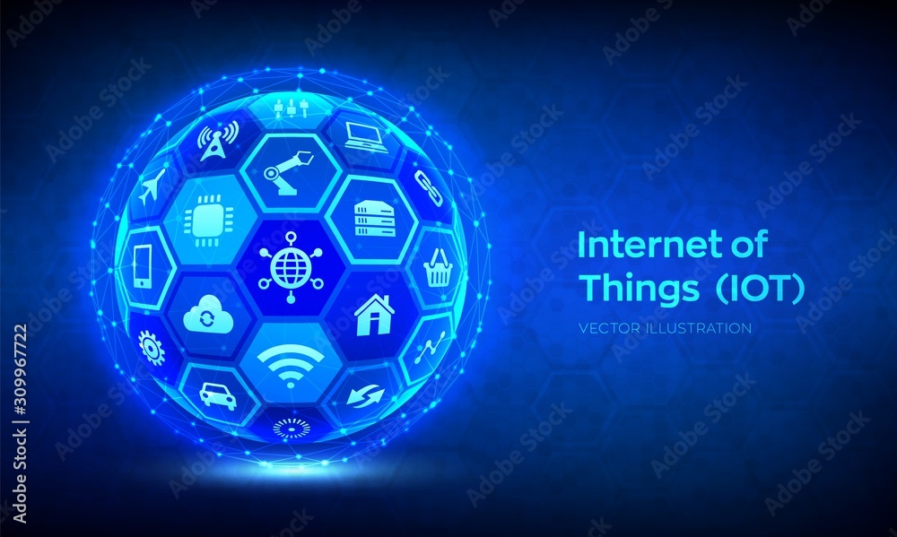 IOT. Internet of things concept. Everything connectivity device concept network, and business with internet. Abstract 3D sphere or globe with surface of hexagons with icons. Vector illustration.