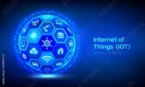 IOT. Internet of things concept. Everything connectivity device concept network, and business with internet. Abstract 3D sphere or globe with surface of hexagons with icons. Vector illustration.