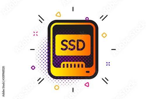 Computer memory component sign. Halftone circles pattern. Ssd icon. Data storage symbol. Classic flat ssd icon. Vector