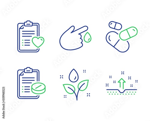 Patient history, Capsule pill and Blood donation line icons set. Medical prescription, Plants watering and Clean skin signs. Medical survey, Medicine drugs, Injury. Water drop. Vector