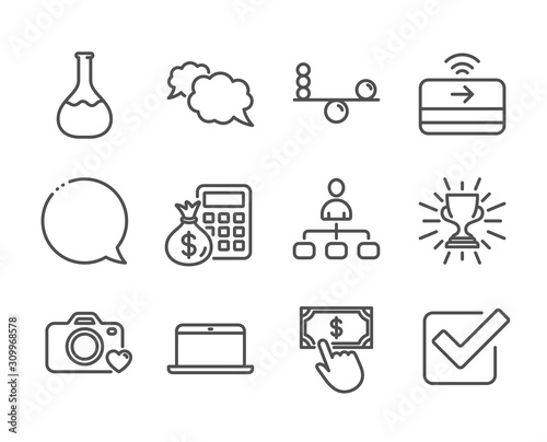 Set of Education icons, such as Payment click, Chemistry lab, Messenger, Balance, Laptop, Photo camera, Checkbox, Finance calculator, Management, Speech bubble, Contactless payment, Trophy. Vector