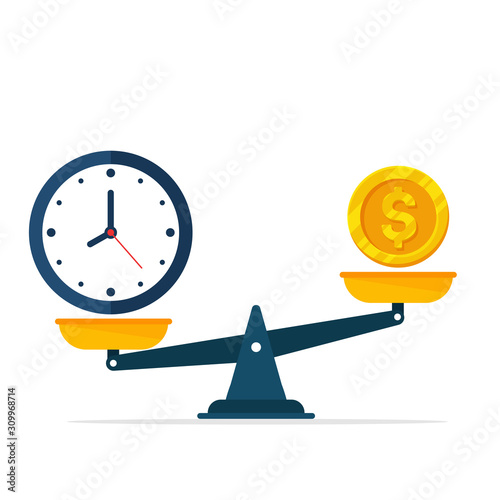 Vector watches and money are on scales. The concept of weighing time and money to find a balance.