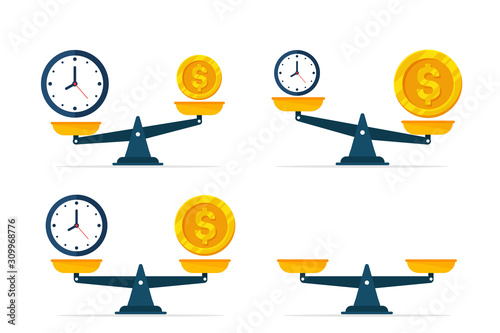 Vector watches and money are on scales. The concept of weighing time and money to find a balance.