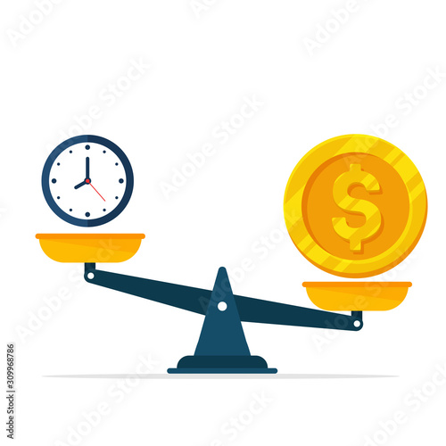 Vector watches and money are on scales. The concept of weighing time and money to find a balance.
