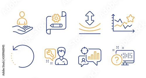 Recovery data, Resilience and Repairman line icons set. Cogwheel blueprint, Ranking stars and Recruitment signs. Seo statistics, Online quiz symbols. Backup info, Elastic. Technology set. Vector