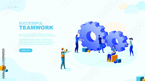 Trendy flat illustration. Teamwork metaphor page concept. Cooperation of people who implement the joint idea.  Template for your design works. Vector graphics.