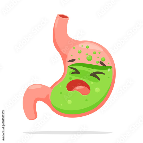 Cartoon stomach suffering from acid reflux. A stomach that burning like a fire From acid reflux.