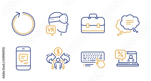 Computer keyboard, Augmented reality and Portfolio line icons set. Loop, Text message and Sharing economy signs. Message, Online loan symbols. Pc device, Virtual reality. Technology set. Vector