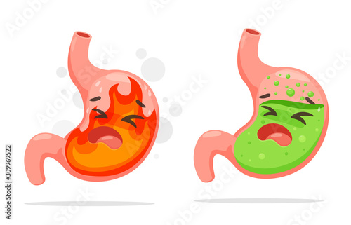 Cartoon stomach suffering from acid reflux. A stomach that burning like a fire From acid reflux.