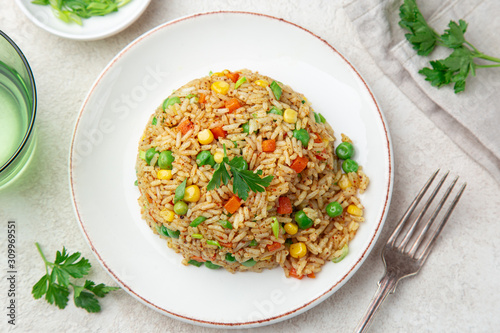 Photography fried rice with vegetables on white plate