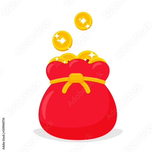 Red bag vector containing a lot of Chinese money. The money bag is a symbol of wealth.