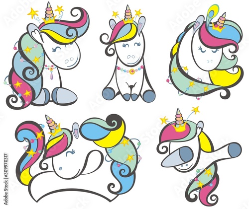 Set of Cute Cartoon Unicorns 