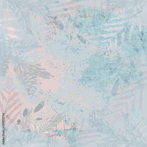 Abstract botanical dusty pastel blue and pink pale blush background. Chic trendy tile pattern imitating gouache, acrylic or watercolor paintings