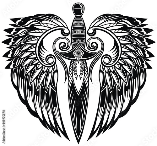 Sword with wings. Tattoo of a sharp sword with flowing wings in tribal style