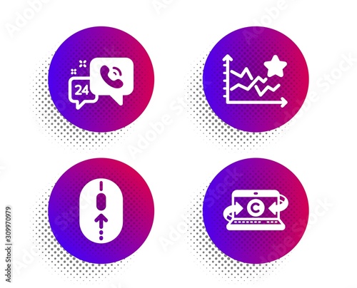 Ranking stars, 24h service and Swipe up icons simple set. Halftone dots button. Copywriting notebook sign. Winner results, Call support, Scrolling page. Writer laptop. Technology set. Vector