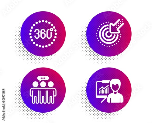 Employees group, Targeting and 360 degrees icons simple set. Halftone dots button. Presentation sign. Collaboration, Click, Panoramic view. Education board. Science set. Vector