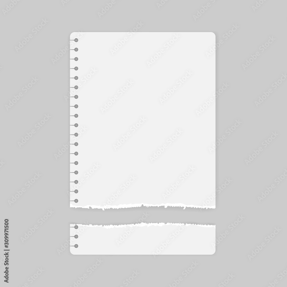 Torn white note, notebook strip, paper piece with soft shadow on white background. Vector illustration Torn white note, notebook strip, paper piece with soft shadow on white background. Vector illustration
