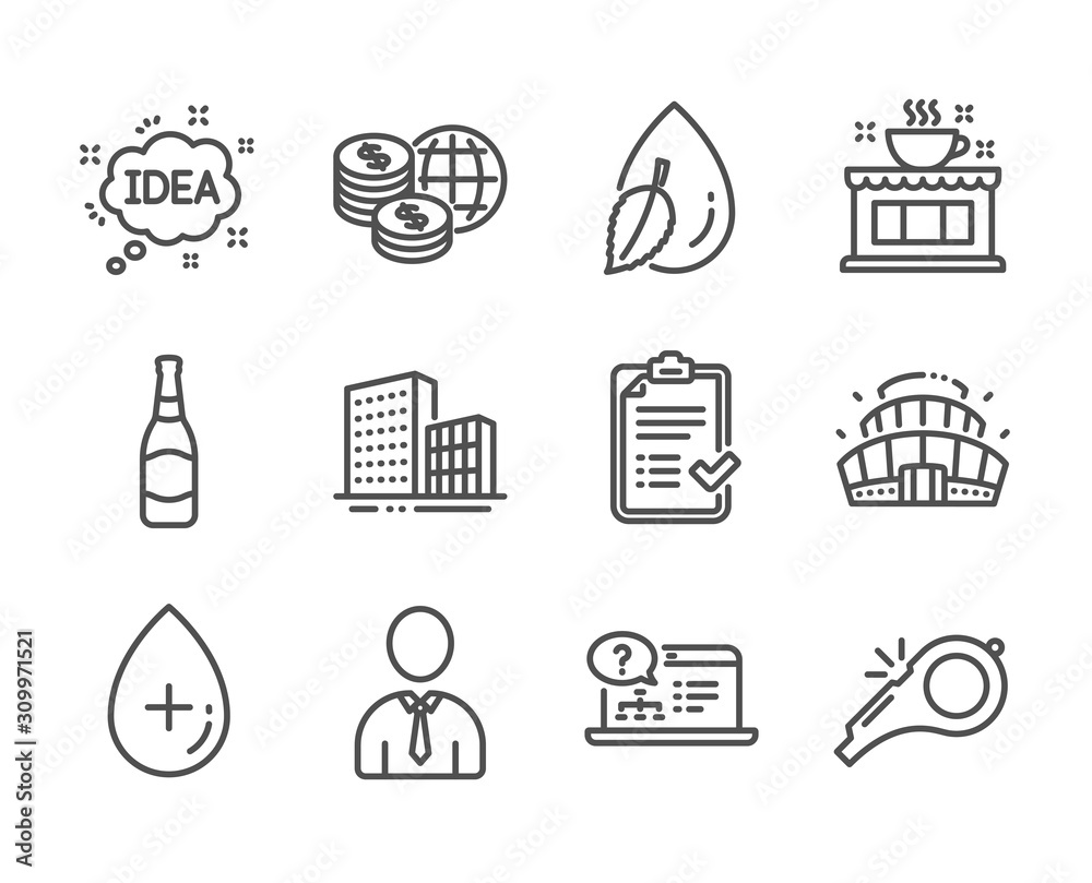 Set of Business icons, such as Oil serum, Water drop, Online help, Beer bottle, Arena stadium, World money, Whistle, Coffee shop, Buildings, Idea, Human, Approved checklist line icons. Vector Set of Business icons, such as Oil serum, Water drop, Online help, Beer bottle, Arena stadium, World money, Whistle, Coffee shop, Buildings, Idea, Human, Approved checklist line icons. Vector