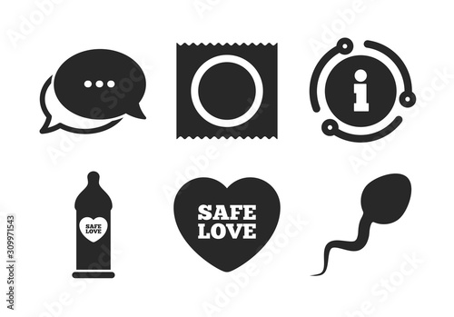 Condom in package symbol. Chat, info sign. Safe sex love icons. Sperm sign. Fertilization or insemination. Classic style speech bubble icon. Vector