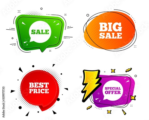 Special offer speech bubbles symbols. Banner badges, various colors. Sale icons. Big sale and best price shopping signs. Chat bubble vector shape. Gradient banner. Price tag. Vector