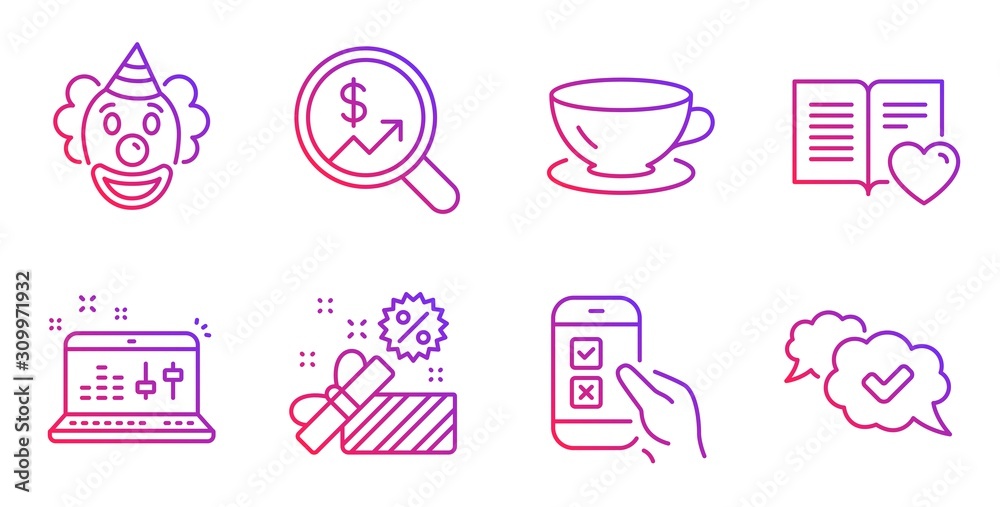 Love book, Mobile survey and Sound check line icons set. Espresso, Clown and Currency audit signs. Sale, Approved symbols. Customer feedback, Phone quiz test. Business set. Vector Love book, Mobile survey and Sound check line icons set. Espresso, Clown and Currency audit signs. Sale, Approved symbols. Customer feedback, Phone quiz test. Business set. Vector