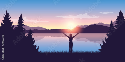 girl with raised arms by the lake at sunrise nature landscape vector illustration EPS10