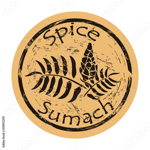Sumac spice view icon vector round shabby emblem design, old retro style. Sumach spicy ingredient logo mail stamp on craft paper. Cooking ingredient vintage grunge sign.