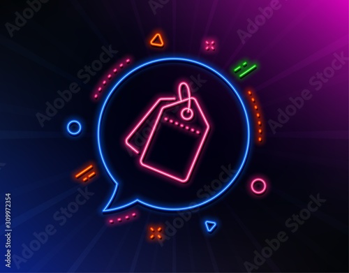 Sale tags line icon. Neon laser lights. Shopping labels. Discount coupon symbol. Glow laser speech bubble. Neon lights chat bubble. Banner badge with sale tags icon. Vector
