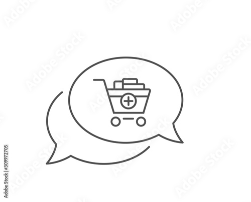 Add to Shopping cart line icon. Chat bubble design. Online buying sign. Supermarket basket symbol. Outline concept. Thin line add products icon. Vector