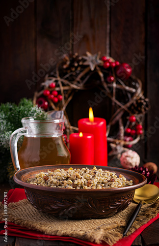 Kutya. Christmas porridge made of wheat grains  poppy seed  nuts  raisins and honey. Christmas kutia. Ukrainian cuisine.