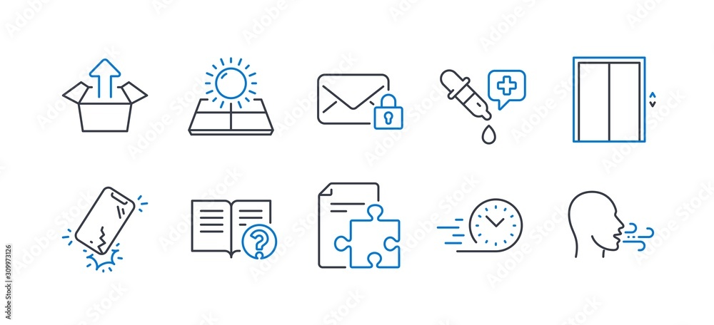 Set of Technology icons, such as Secure mail, Strategy, Fast delivery, Help, Chemistry pipette, Send box, Smartphone broken, Sun energy, Lift, Breathing exercise line icons. Vector