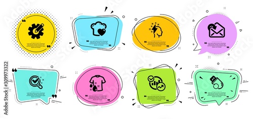 Love cooking, Wash t-shirt and Receive mail line icons set. Chat bubbles with quotes. Cogwheel, Statistics and Brainstorming signs. Chemistry lab, Flash memory symbols. Chef hat, Laundry shirt. Vector