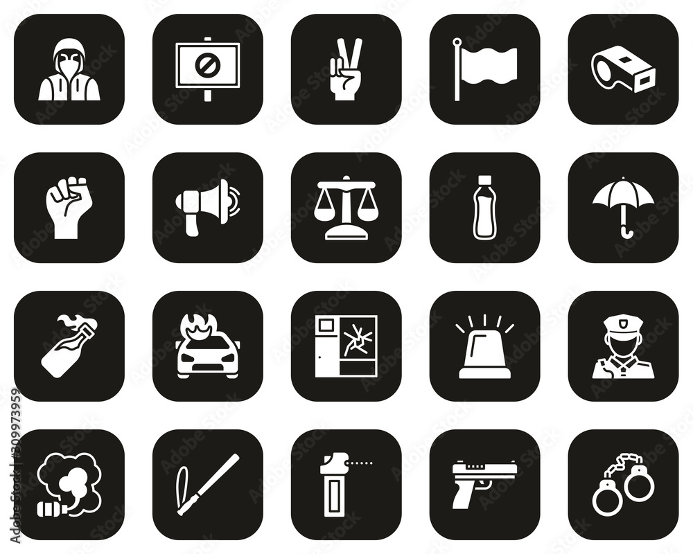 Demonstration Or Protest Icons White On Black Set Big Demonstration Or Protest Icons White On Black Set Big