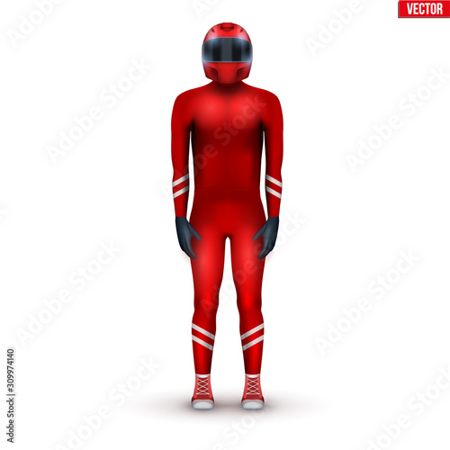 Race body suit with helmet and gloves. Rider in red bodysuit for race sports. Vector Illustration isolated on white background.