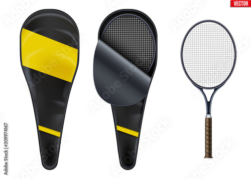 Set of tennis equipment. Racket with case. Tennis Racket in case. Editable Vector Illustration isolated on white background.
