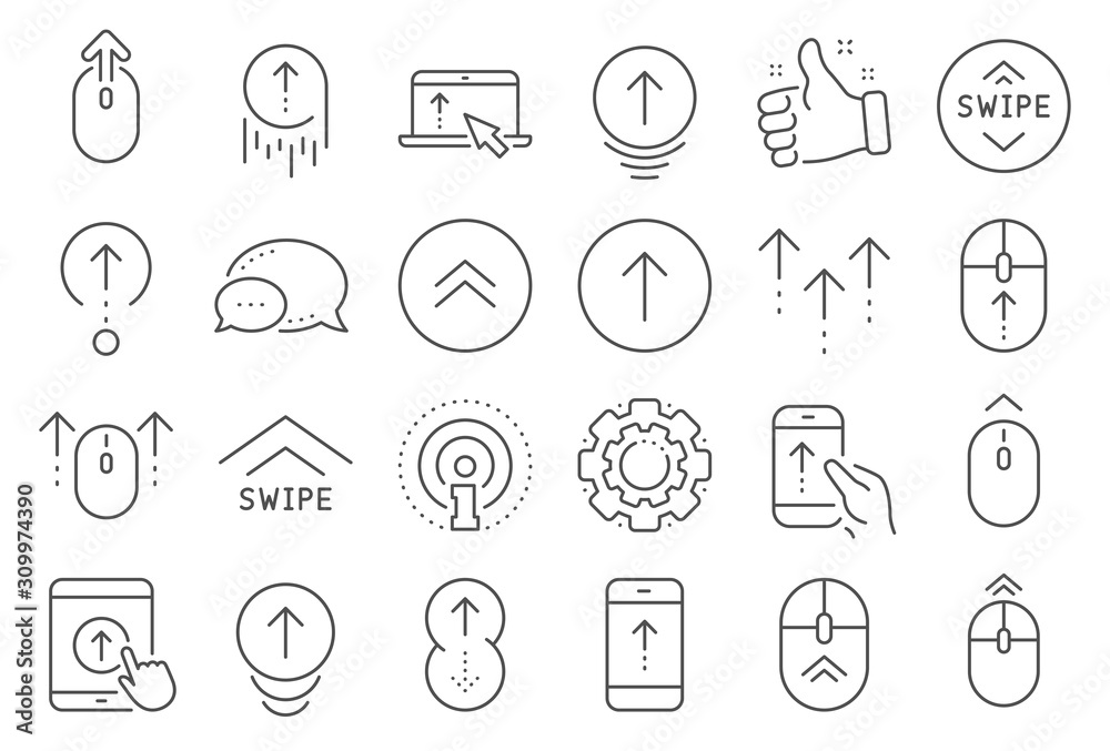 Swipe up line icons. Scrolling mouse, landing page swipe signs. Scroll up mobile device technology icons. Website scroll navigation. Tablet pc or smartphone symbols. Phone scrolling. Vector