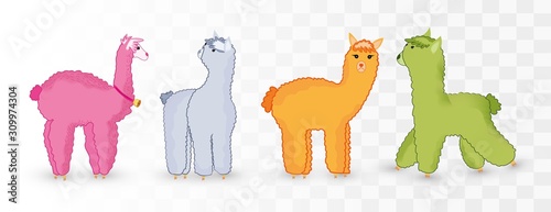 Collection cute Lamas isolated on transparent background. Colored Lamas.Little beautiful Lamas. Icon set. Vector illustration
